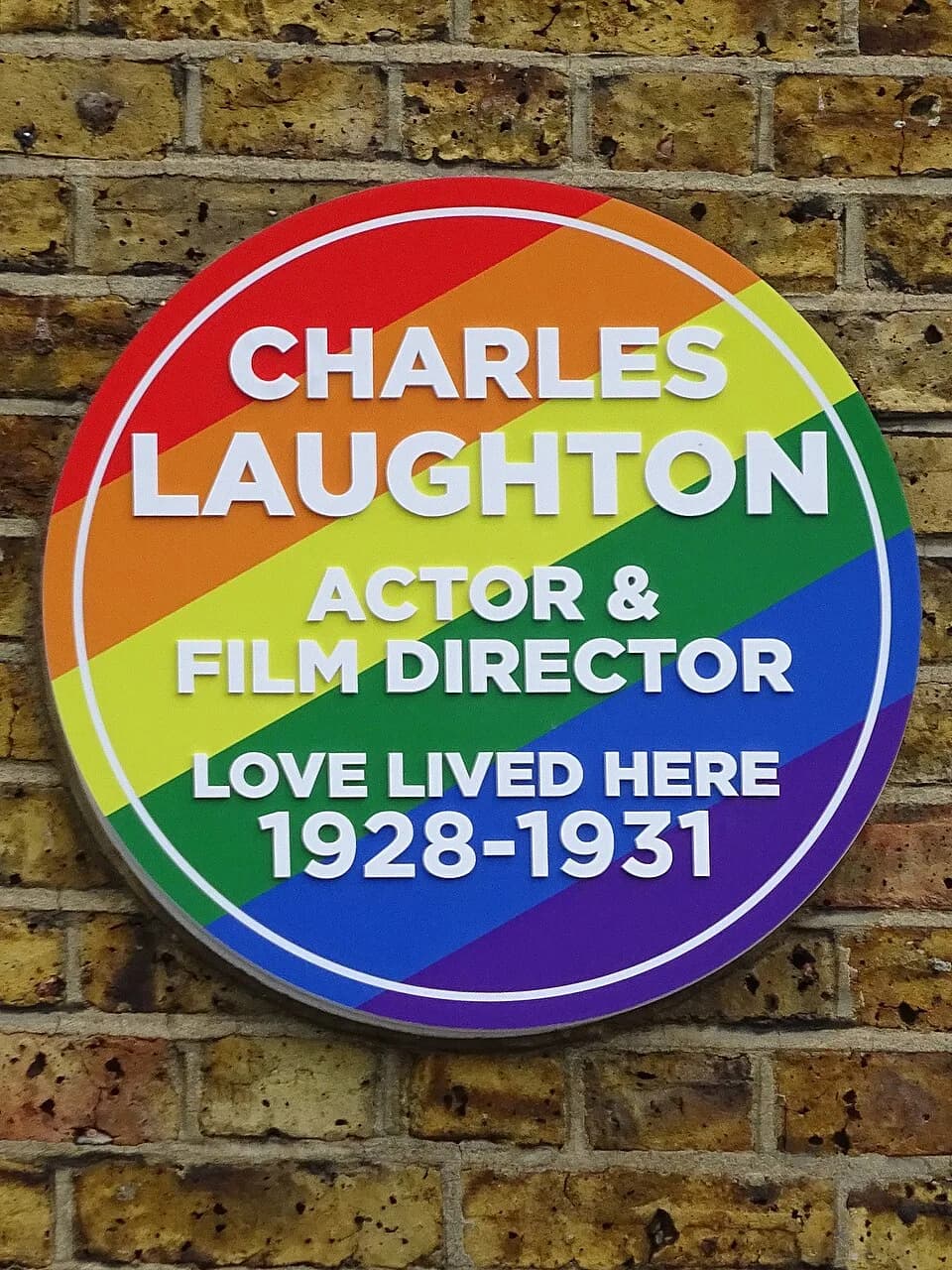 Charles Laughton - Rainbow plaque erected June 2017 by Proximity London at 15 Percy Street, Fitzrovia, London W1T 1DU, London Borough of Camden as part of 'Love Lived Here', a campaign to celebrate so