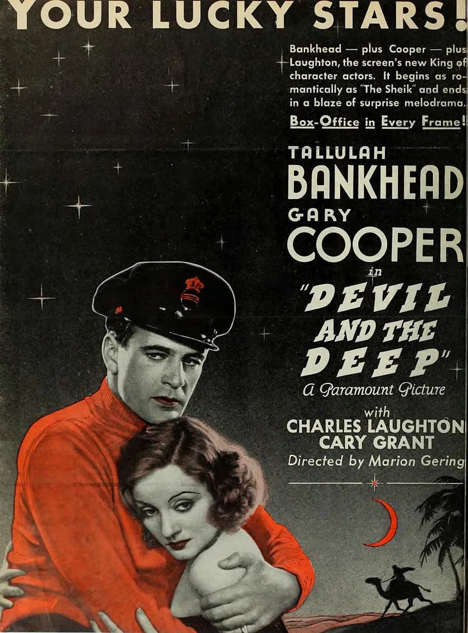 Charles Laughton - Tallulah Bankhead and Gary Cooper with Charles Laughton and Cary Grant in Devil and the Deep ad - The Film Daily, Jul-Dec 1932 (page 230 crop).jpg