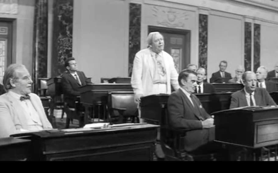 Charles Laughton - w:Will Geer (Sen. Strickland), Don Murray (Sen. Anderson), w:Charles Laughton (Sen. Cooley), w:Walter Pidgeon (Sen. Munson), w:Malcolm Atterbury (Sen. August), and w:Paul Ford (Sen.