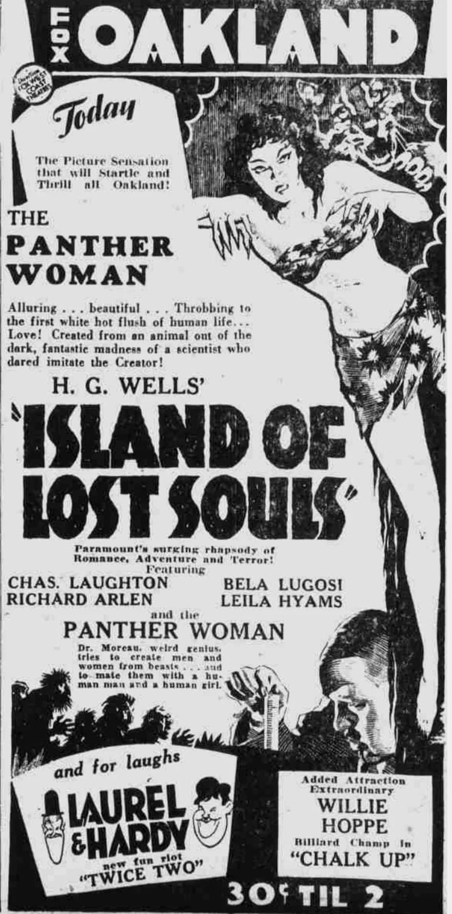 Charles Laughton - Fox Oakland Theatre advertisement for the film, Island of Lost Souls. 28 January 1933.