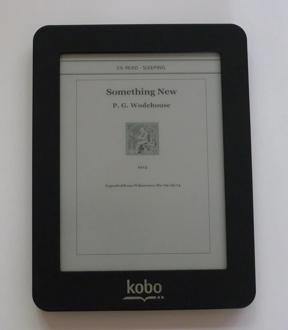P. G. Wodehouse - A photo of an Kobo ereader device showing the cover page of Something New by P. G. Wodehouse.