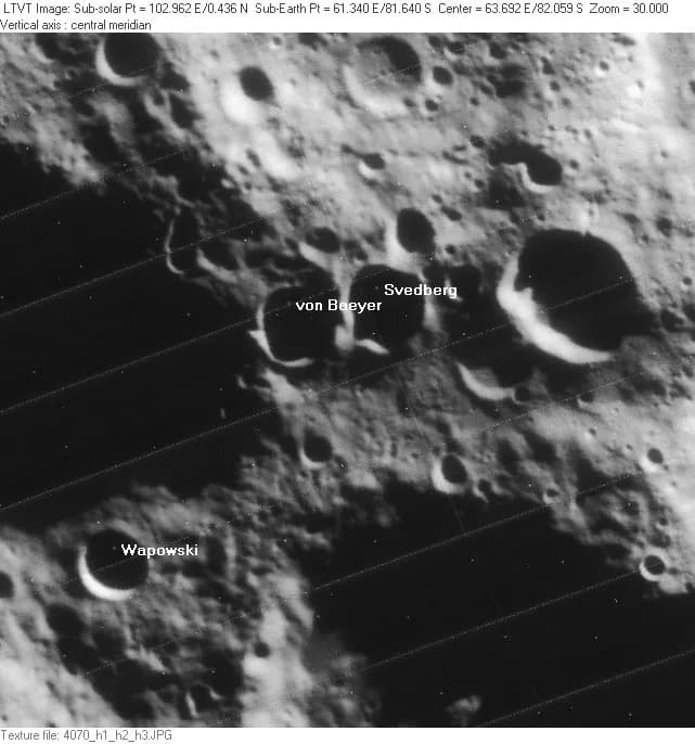 Theodor Svedberg - Craters Svedberg, von Baeyer and Wapowski. Detail from Lunar Orbiter IV-070H. High resolution scans from the USGS Lunar Orbiter Digitization Project remapped to a north-up aerial vi