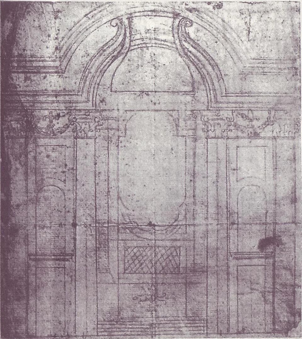 Francesco Borromini - Detailentwurf für die Eingangs- bzw. Chorwand der Kirche Santa Maria dei Sette Dolori, Wien, Albertina, Inventarnr. 642