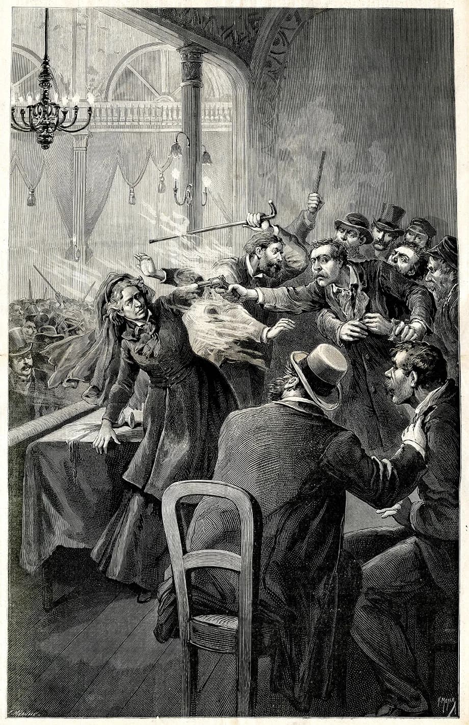 Louise Michel - gravure représentant l'attentat contre Louise Michel pendant une conférence au Havre en 1888