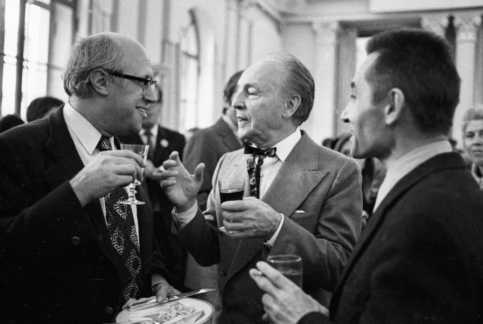 Mstislav Rostropovich - “Mstislav Rostropovich, George Balanchine and Yuri Grigorovich”. Left to right: soviet cello player Mstislav Rostropovich, choreographer George Balanchine and chief choreograph