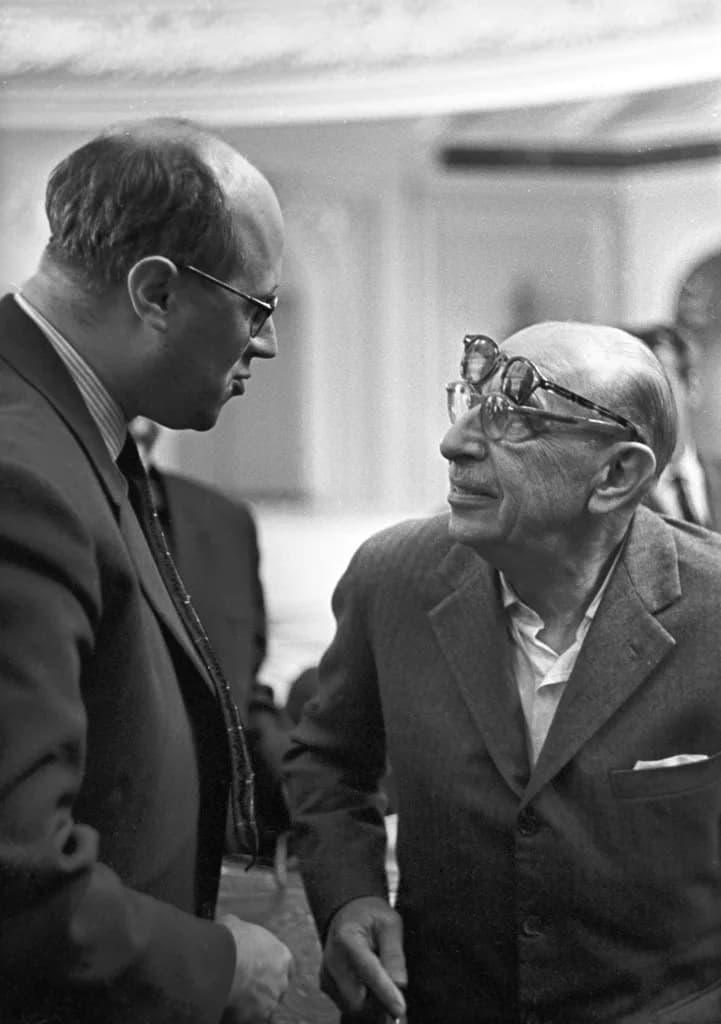 Mstislav Rostropovich - “Composer Igor Stravinsky and cellist Mstislav Rostropovich”. Igor Stravinsky, right, composer and conductor, and cellist Mstislav Rostropovich during a conversation.