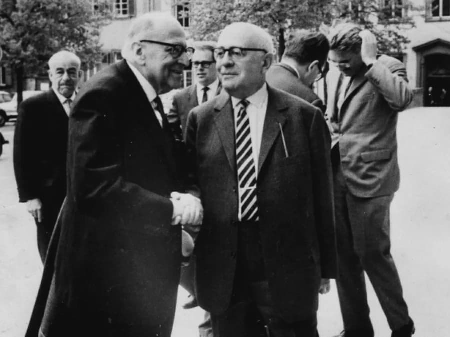 Max Horkheimer - Photograph taken in Heidelberg, April 1964,[1] by Jeremy J. Shapiro at the Max Weber-Soziologentag. Horkheimer is front left, Adorno front right, and Habermas is in the background, ri