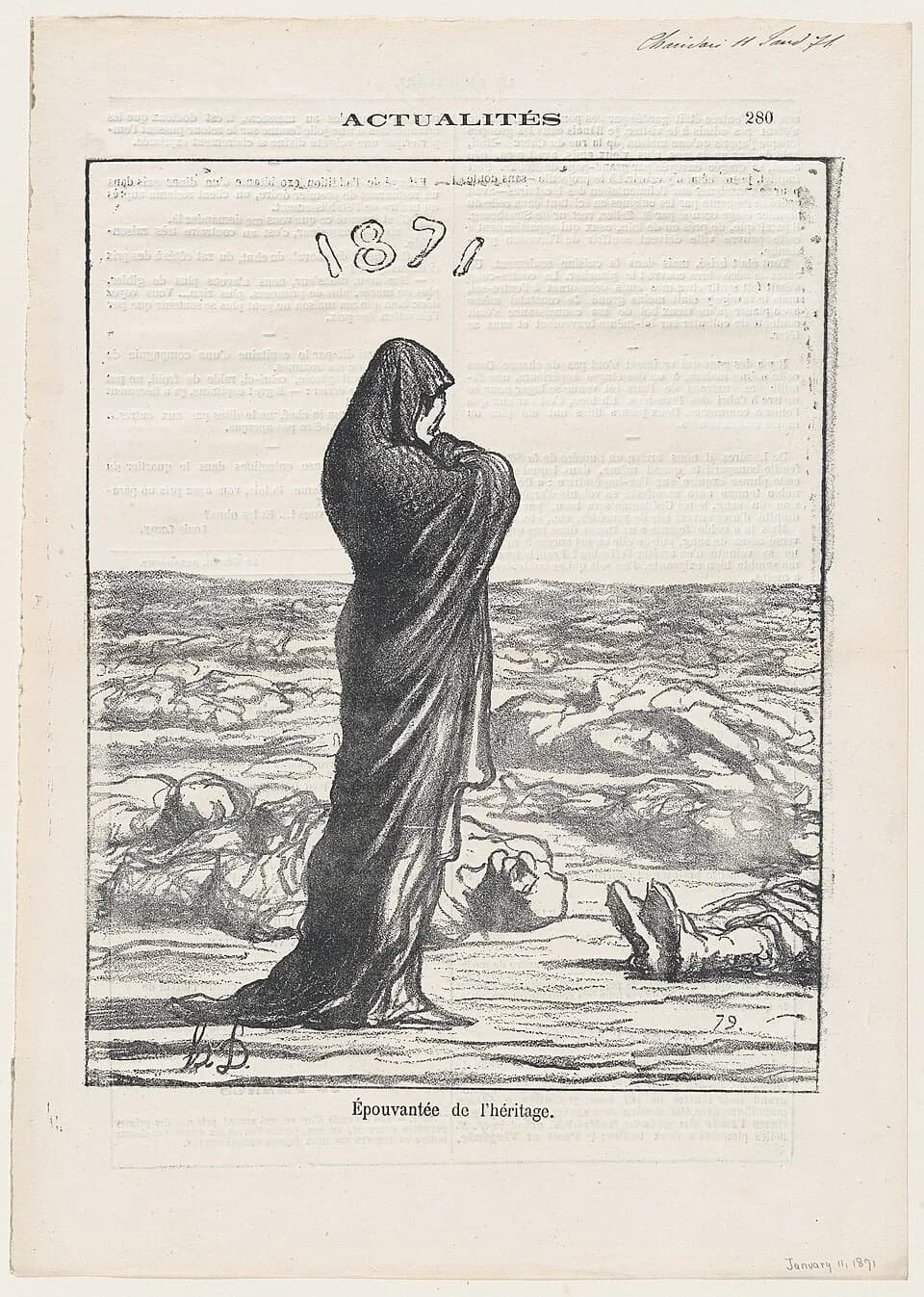 Honoré Daumier - Dismayed with her legacy, from News of the day, published in Le Charivari, January 11, 1871 MET DP878343.jpg