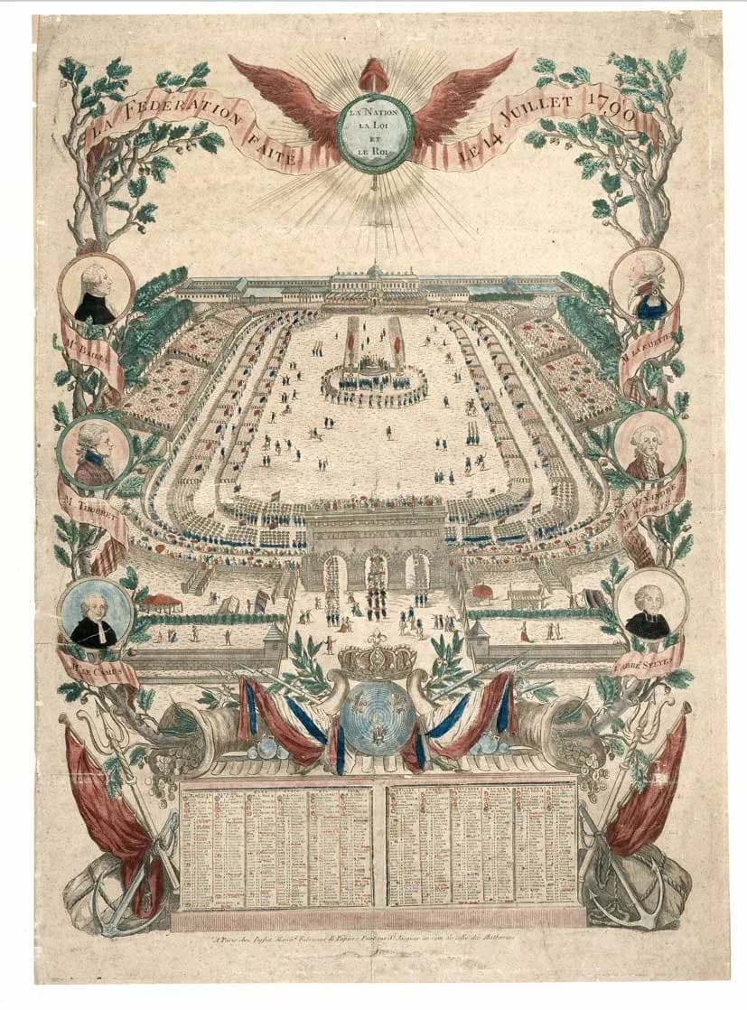 Emmanuel Joseph Sieyès - Gravure intitulée : "La Fédération faite le 14 juillet 1790". "Almanach pour 1791". "A Paris, chez Basset, marchand fabricant de papiers peints, rue Saint-Jacques au coin de c