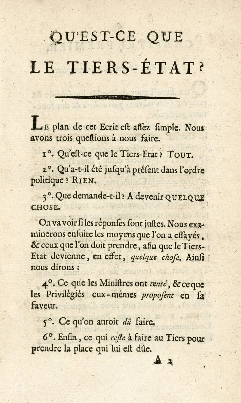 Emmanuel Joseph Sieyès - First page of Abbé Sieyes's (1748-1836) pamphlet "Qu'est-ce que le Tiers Etat?" 1789.