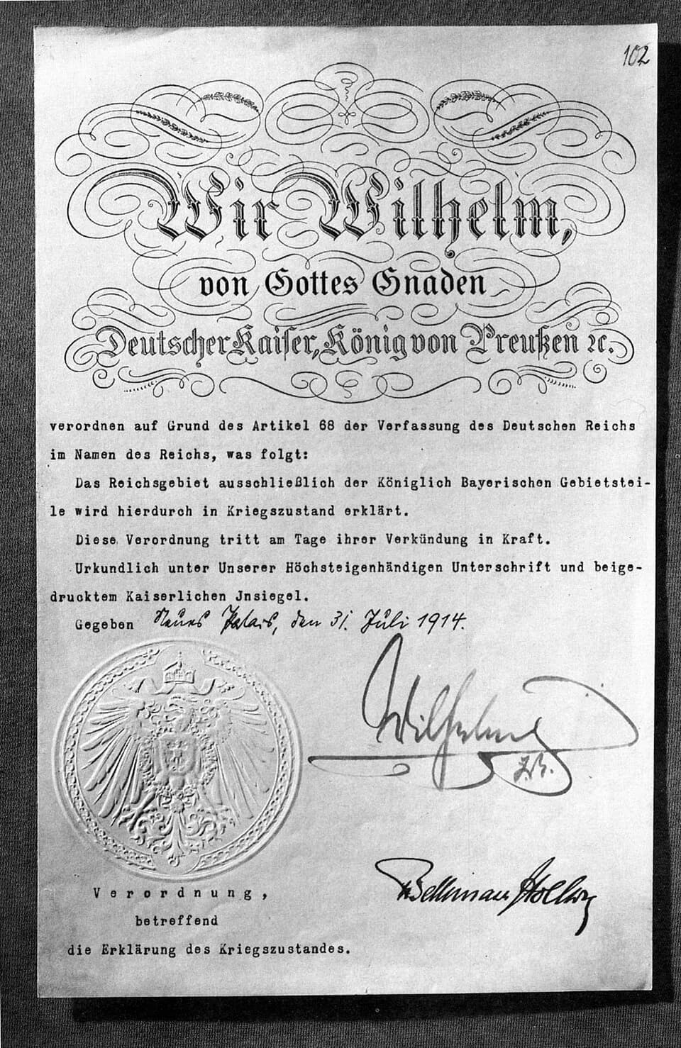 Theobald von Bethmann Hollweg - Declaration of war from the German Empire 1914, starting World War I. Signed by the German Kaiser Wilhelm II. at the "Neues Palais" in Potsdam, Germany. Countersigned b