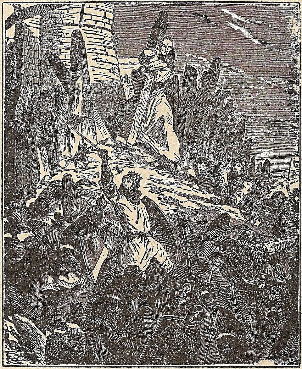 Louis VI of France - Attaque du château du Puiset. Un prêtre arrache un pieu de la palissade qui entoure le fossé.