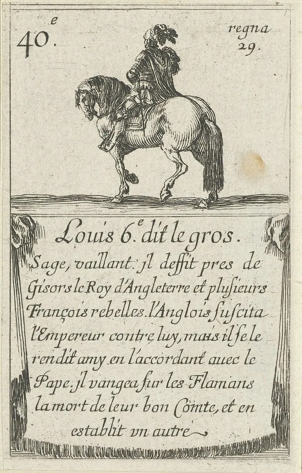 Louis VI of France - IdentificatieTitel(s): Lodewijk VILouis 6e dit le gros (titel op object). Kaartspel met heersers van Frankrijk (serietitel). Cartes des rois de France (serietitel)Objecttype: pren