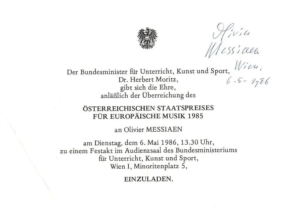 Olivier Messiaen - Einladung zur Verleihung des Österreichischen Staatspreises für europäische Musik 1985 an Olivier Messiaen, Wien, 6. Mai 1986, mit Autogramm Messiaens