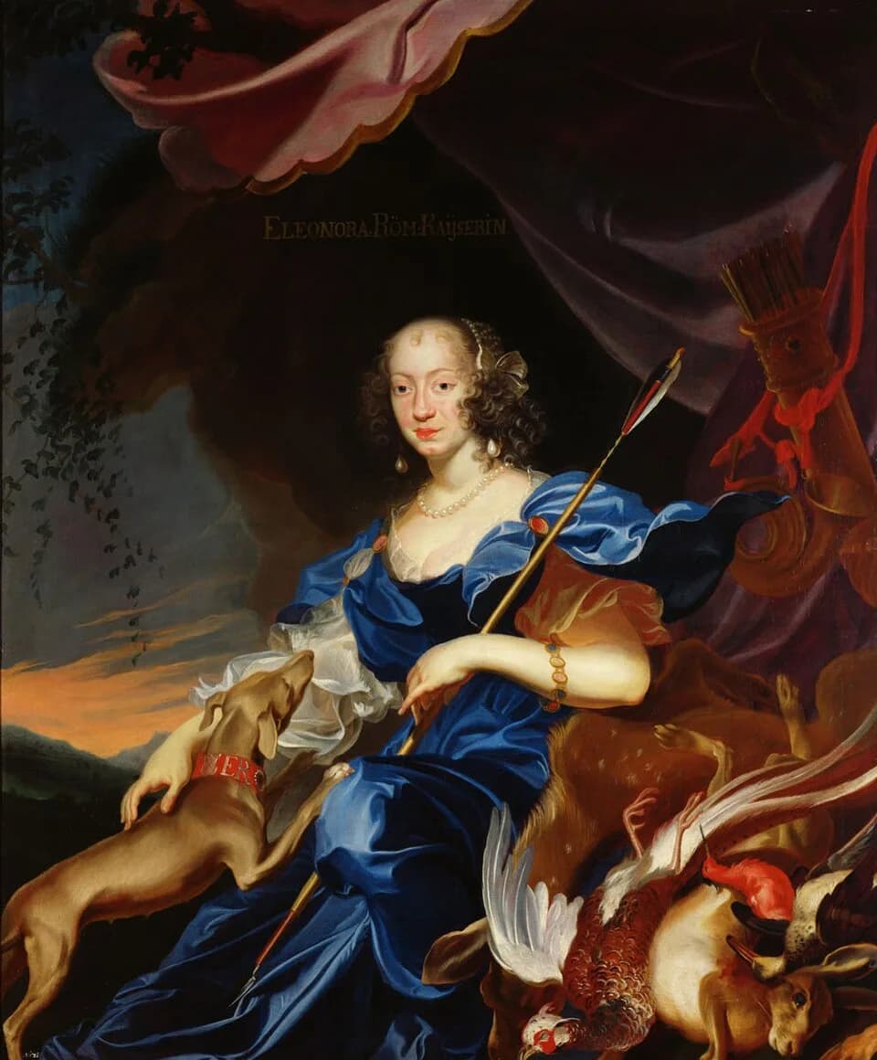 Ferdinand III, Holy Roman Emperor - Eleonore ist als Jagdgöttin Diana mit einem Windhund, Pfeilen und Bogen und einem Jagdhorn im Hintergrund dargestellt. Rechts unten befinden sich in Form eines Jagd