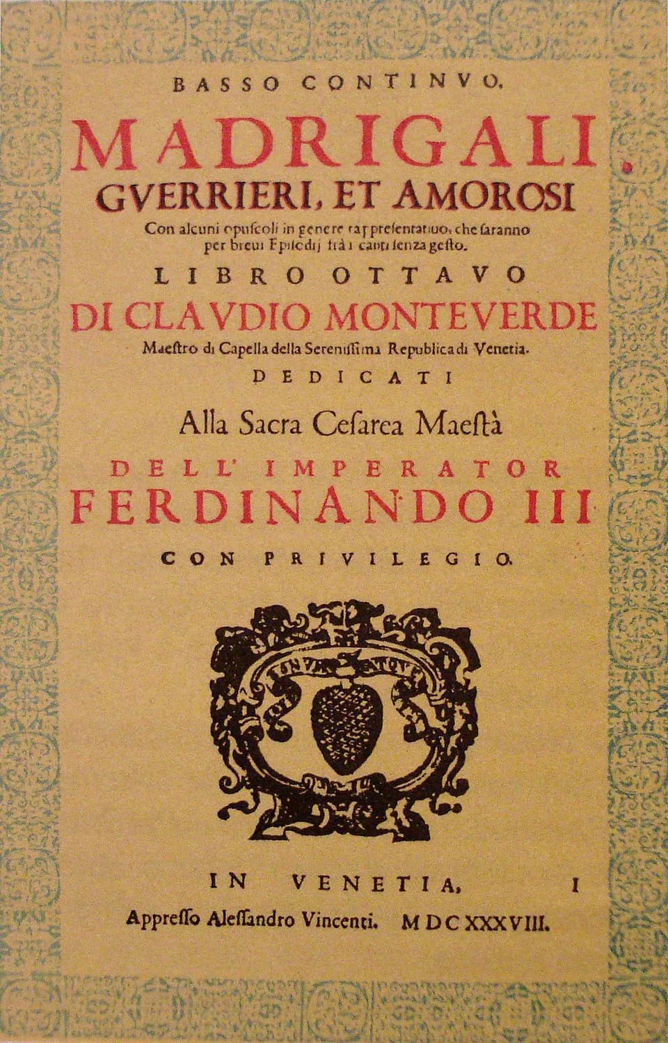 Ferdinand III, Holy Roman Emperor - Capa do VIII livro de madrigais de Claudio Monteverdi