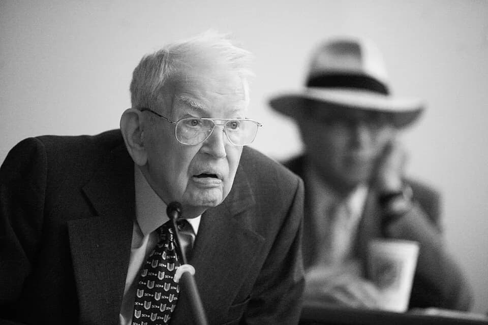Ronald Coase - Ronald Coase at a conference in 2008, with Richard Sandor in the background. From UChicago Law archives.
