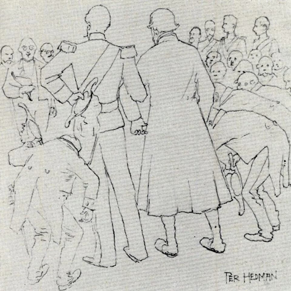 Oscar II of Sweden - King Oscar II of Sweden and Norway (left) with Dales politician Liss Olof Larsson, both face bowing and scraping
