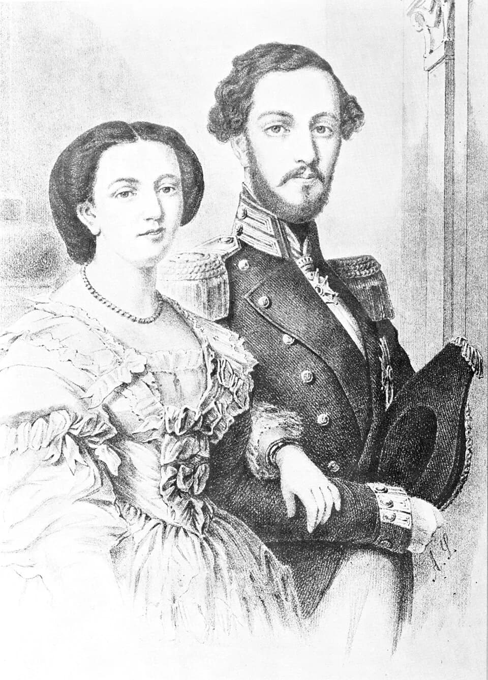 Oscar II of Sweden - Prince Oscar (later Oscar II) of Sweden and his wife to-be, Sofia of Nassau. Contemporary engraving.