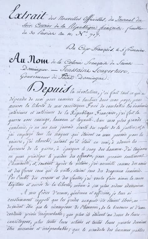 Toussaint Louverture - Proclamation écrite par Toussaint Louverture après l'insurrection en 1801 du général Moïse, ancien esclave comme lui de l'Habitation Bréda.