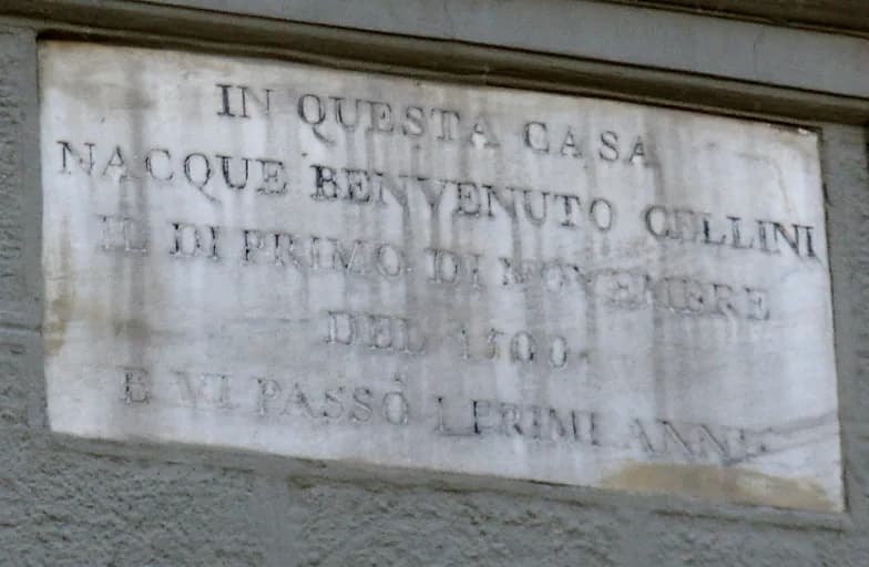 Benvenuto Cellini - Piazza mercato nuovo, targa marmorea benvenuto cellini