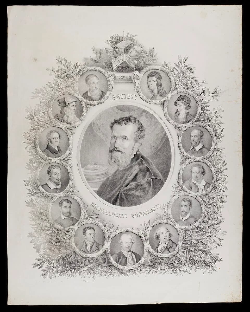 Benvenuto Cellini - Italian artists: Michelangelo in the centre, others around the perimeter. Lithograph by V. Mollame, 1842

Iconographic Collections
Keywords: Vincenzo Mollame; Vincenzo Scamozzi; An