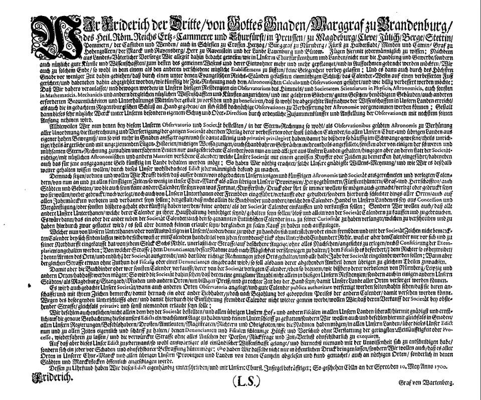 Frederick I of Prussia - Das Kalenderpatent vom 10. Mai 1700, die "Gründungsurkunde" des Astronomischen Rechen-Instituts.