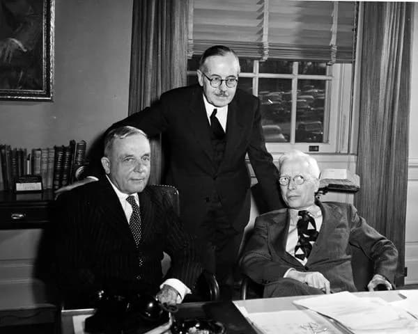 Bernardo Houssay - Drs. Otto Warburg, Bernardo  Houssay and NIH Director Rollo E. Dyer at the National Institutes of Health. This image is held by the National Library of Medicine at <a href="http: