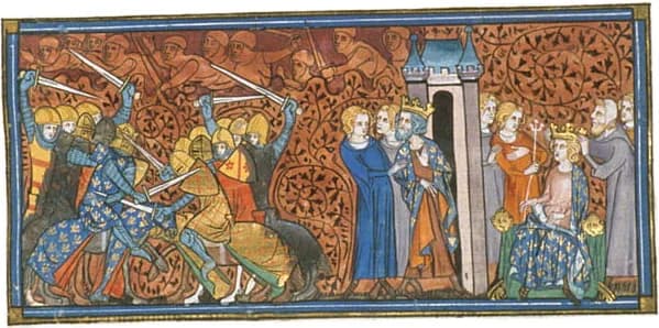 Charles the Simple - Charles III the Simple imprisoned (middle), and Raoul crowned (right). (British Library, Royal 16 G VI  f. 248)