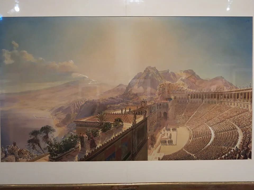 Eugène Viollet-le-Duc - Restored view of the theater of Taormina. Painting on 1839 by Eugène Viollet-le-Duc. The painting is mainly artistic, because there are historical errors. Charenton-le-Pont, mé