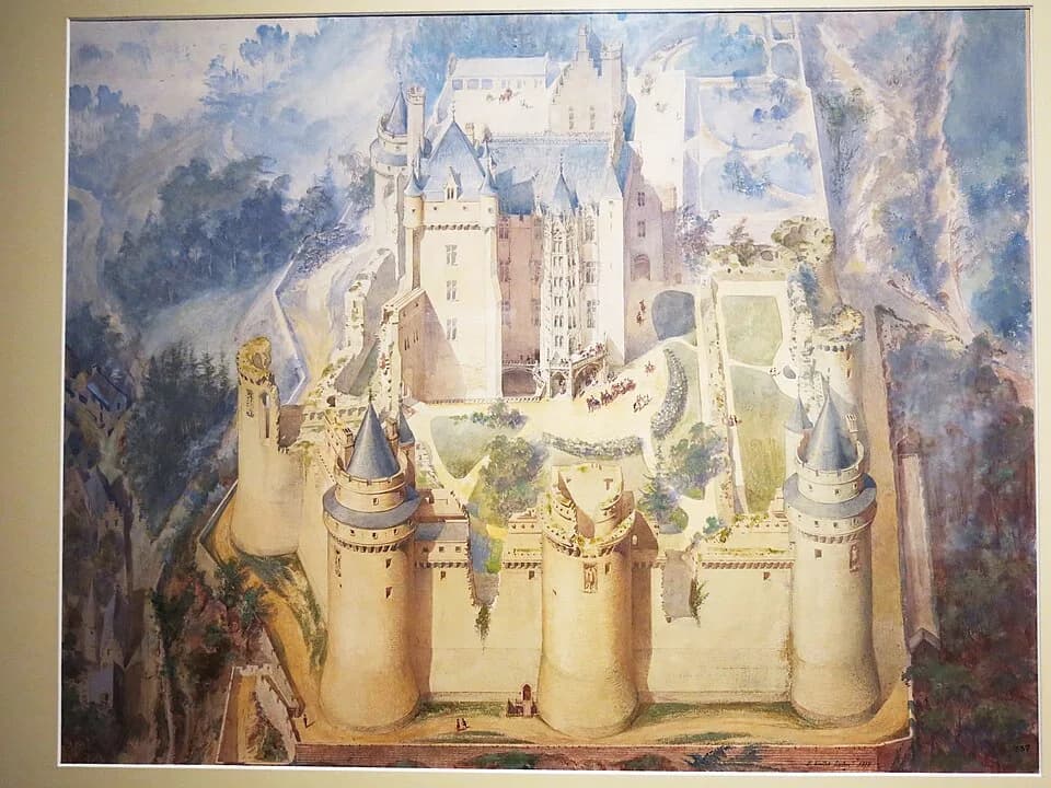 Eugène Viollet-le-Duc - Painting (1858) by Viollet-le-Duc himself of his project of restoration of the castle of Pierrefonds (Oise, France). This project was to restore the keep and only 2 towers. But