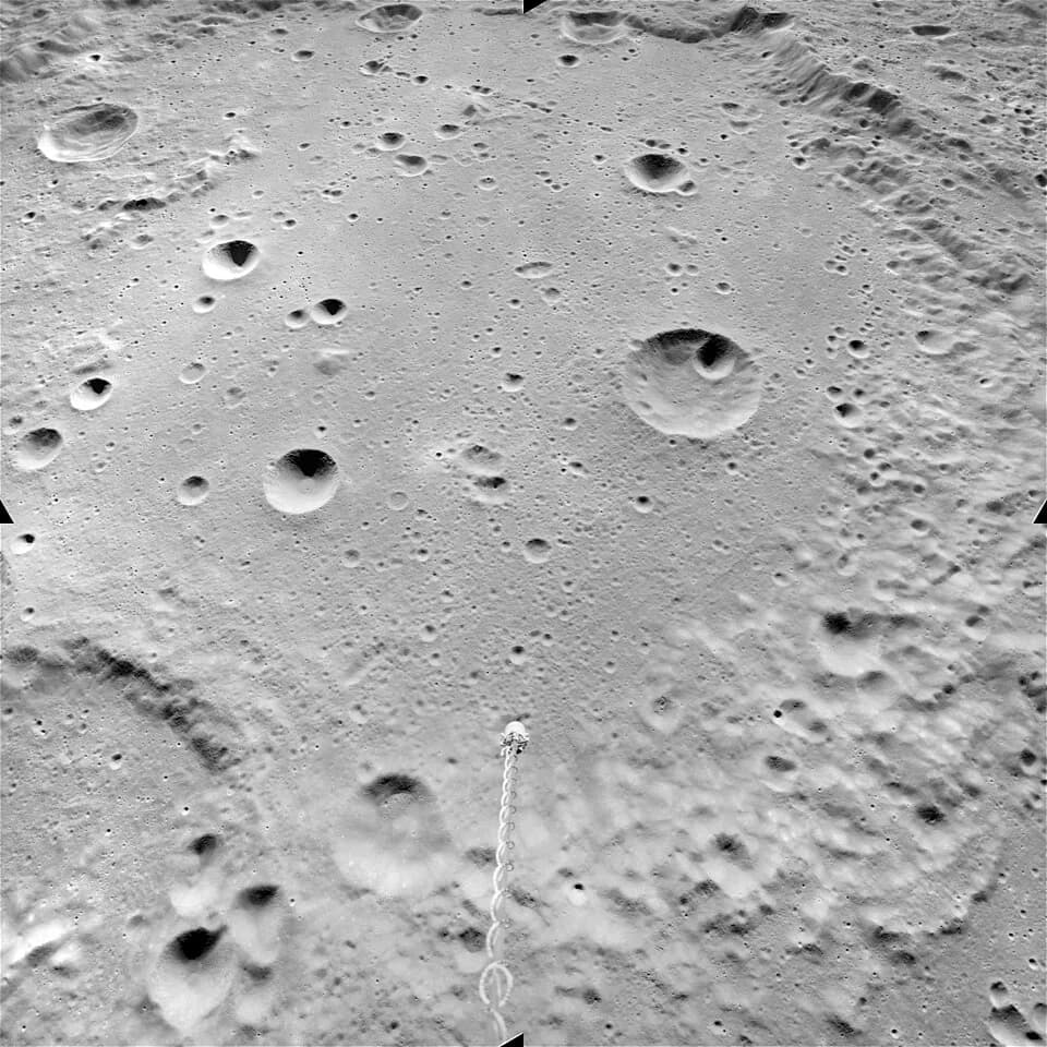 Hans Fischer - Oblique view of Mendeleev, on the far side of the moon, facing west.  Object in center foreground is the gamma-ray spectrometer of the spacecraft.