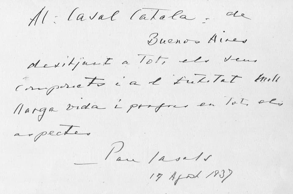 Pau Casals - Dedicación de Pau Casals al Casal de Catalunya en Buenos Aires.