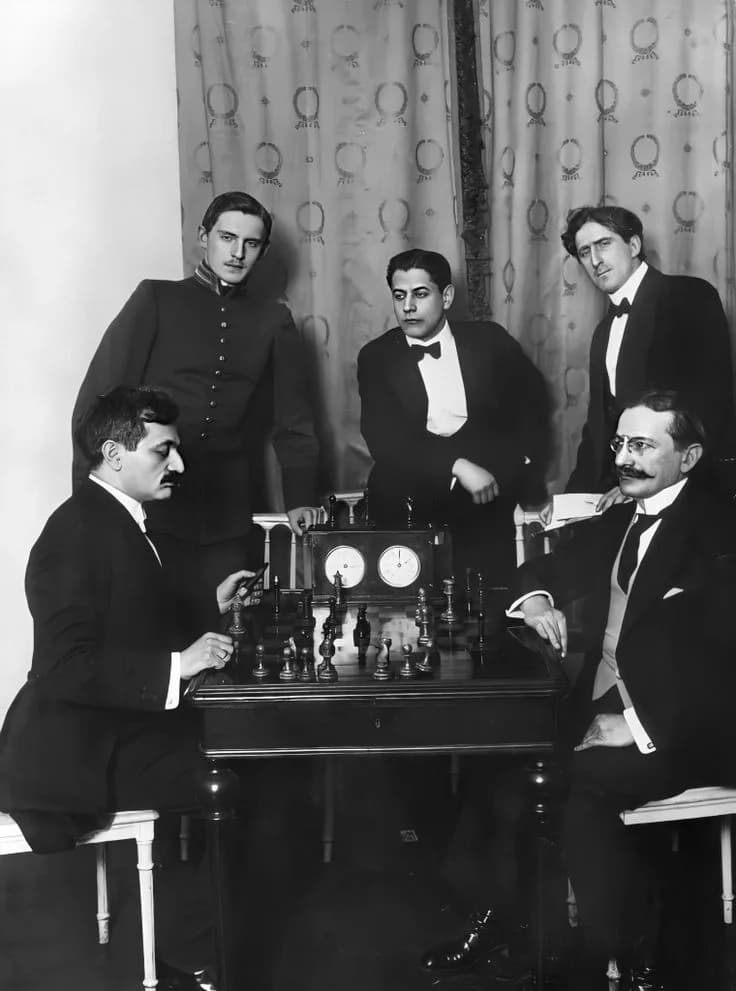 Siegbert Tarrasch - Les cinq premiers du Tournoi d'échecs de Saint-Pétersbourg 1914 : Lasker (assis à gauche), Alekhine (debout à gauche), Capablanca, Marshall et Tarrasch (assis à droite).