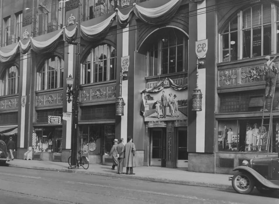 Princess Margaret, Countess of Snowdon - The Toronto Star building on King Street decorated for the 1939 royal tour of Canada.  Images of the royal family adorn the building façade.