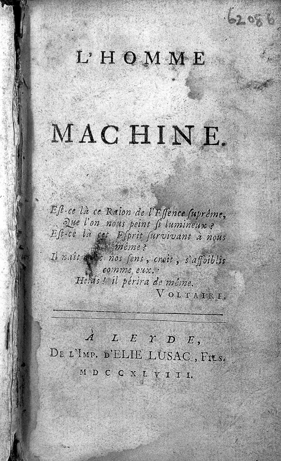 Julien Offray de La Mettrie - Title page
Rare Books
Keywords: Julien Offray de La Mettrie