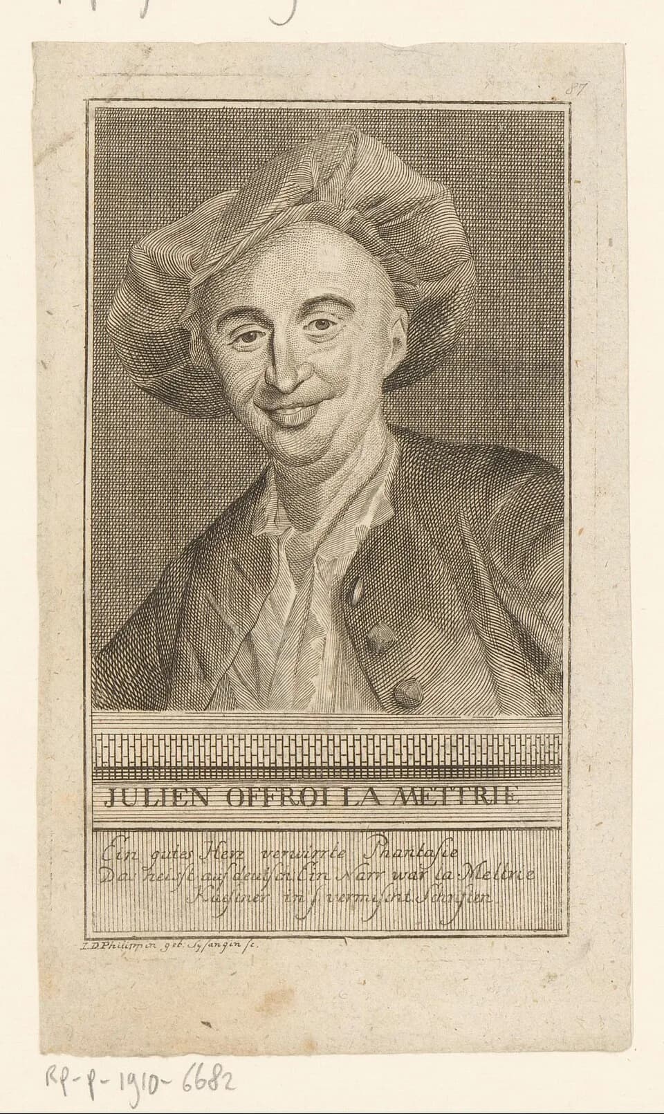 Julien Offray de La Mettrie - IdentificatieTitel(s): Portret van Julien Offray de la MettrieObjecttype: prent Objectnummer: RP-P-1910-6682Catalogusreferentie: HAB A 11883Opschriften / Merken: verzamel