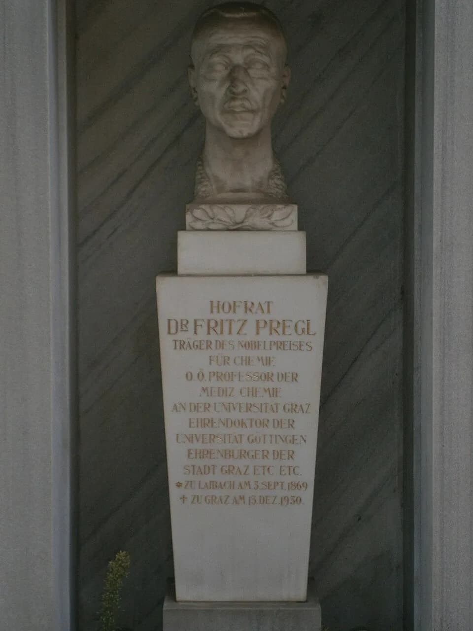Fritz Pregl - Inscription on the grave of Frederik Pregel at the Graz Central cemetary