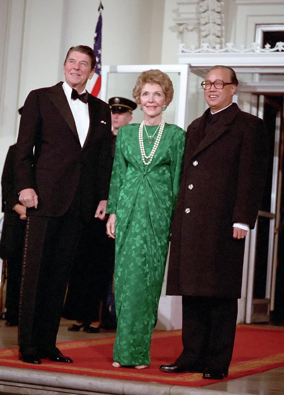 Zhao Ziyang - President Reagan and Nancy Reagan with Premier Zhao Ziyang of the Peoples Republic of China on North Portico before the State Dinner on North Portico. 1/10/84.