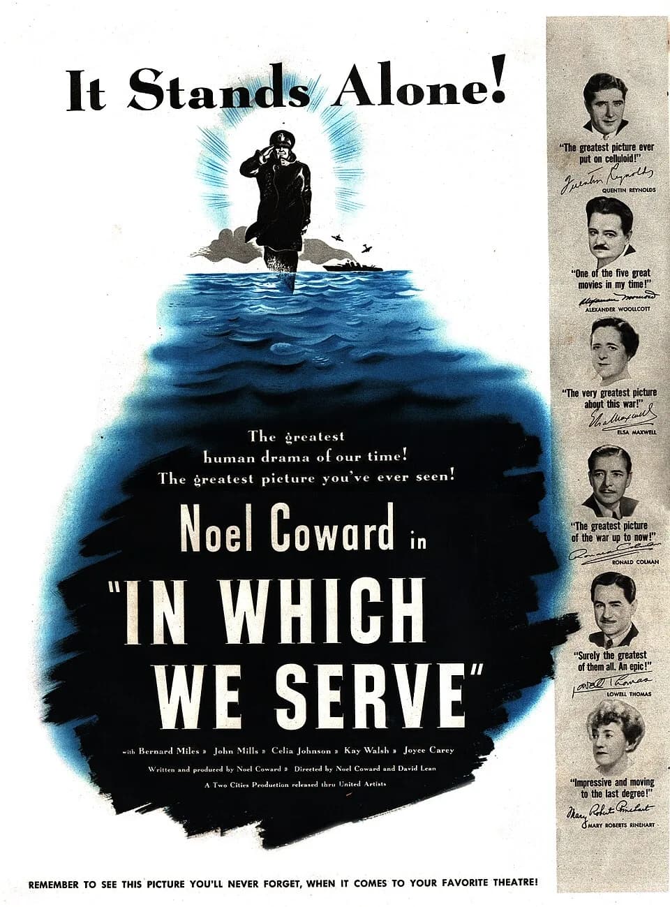David Lean - In Which We Serve 1943 American magazine advertisement for the 1942 British film. Advertisement does not contain any stills from the film, but consists of a painting with drawings of the 