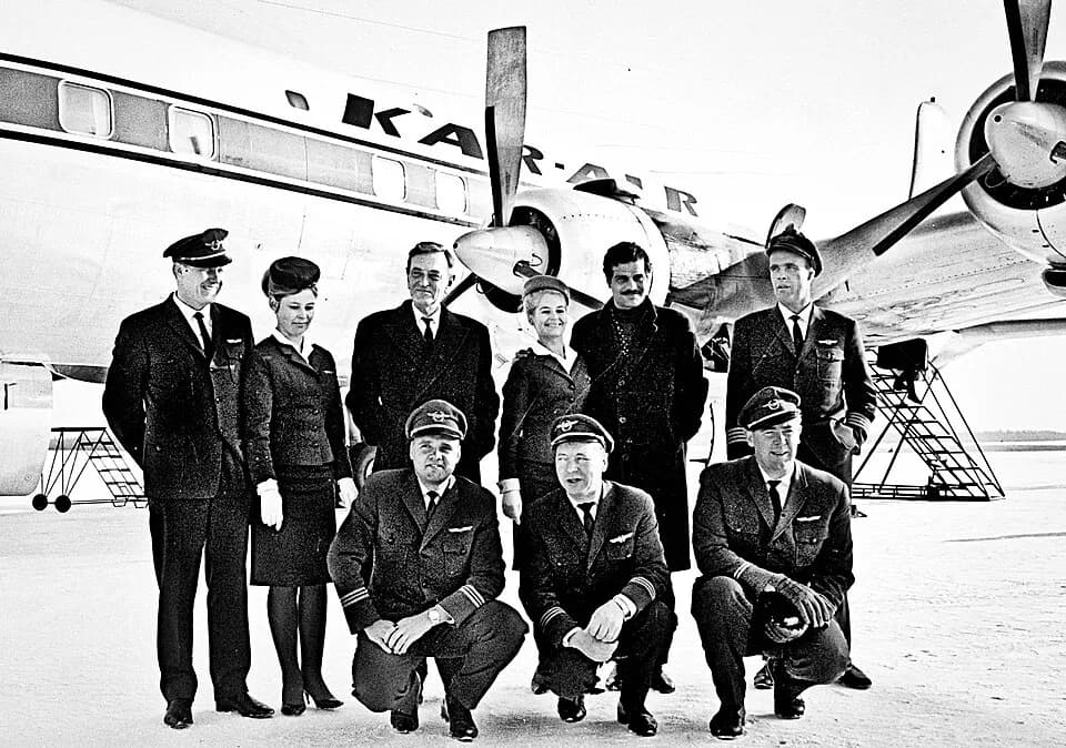 David Lean - Photograph of film crew of Doctor Zhivago and flight crew of Kar-Air at Joensuu airport when the cinematography was about to begin in Eastern Finland. Front row from left to right: co-pil