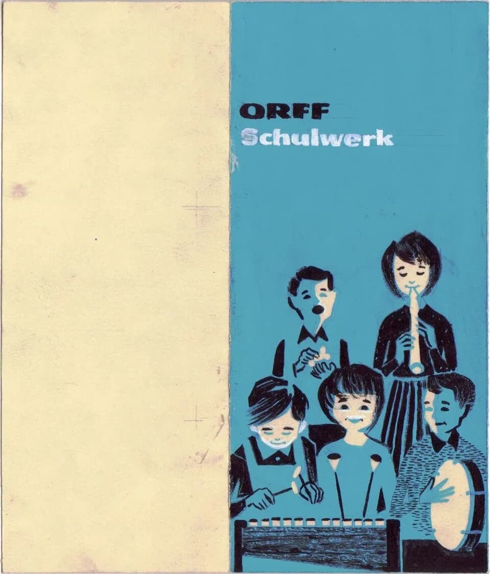 Carl Orff - Entwurf Heinz Traimer für das Orff Schulwerk.
Kleine Kinder haben Instrumente in der Hand.