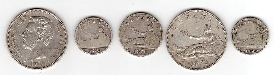 Amadeo I of Spain - 1868-1871 coins, provisional government, first republic, Amadeus I