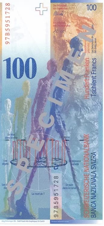 Alberto Giacometti - Reverse of the 100 Swiss Francs banknote. Part of the 8th series of Swiss Bank notes, issued in 1996.