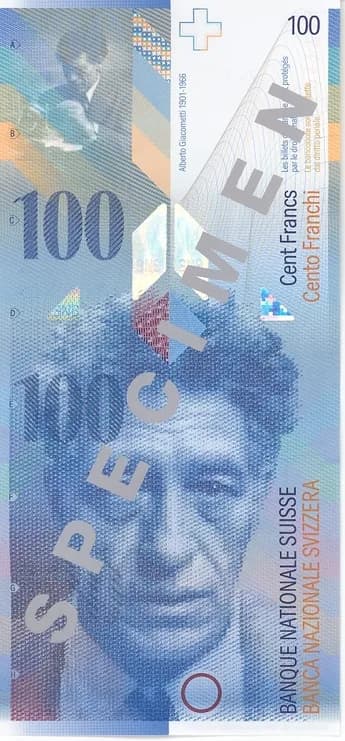 Alberto Giacometti - Front of the 100 Swiss Francs banknote. Part of the 8th series of Swiss Bank notes, issued in 1996.