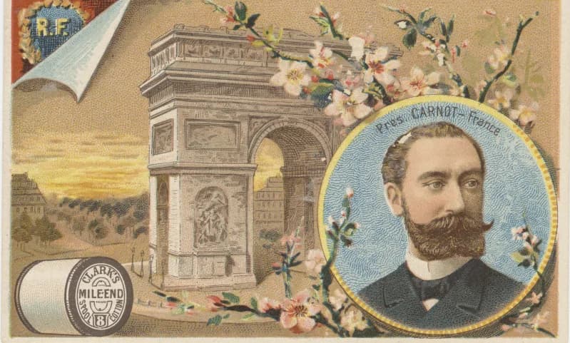 Sadi Carnot - Persistent URL: digital.lib.muohio.edu/u?/tradecards,2351
Subject (TGM): Presidents; Politicians; Politics &amp; government; Monuments; Monuments &amp; memorials; Thread industry; Sewing