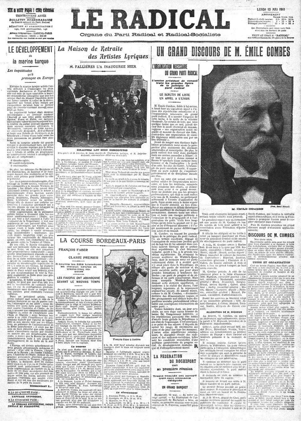 Armand Fallières - Une du Radical du 15 mai 1911.
