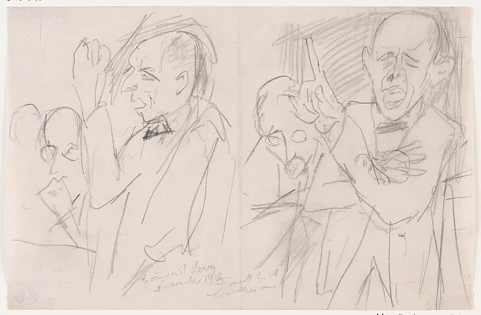 Max Beckmann - Beckmann, Max, Streitgespräch, Kommunist Levy in Frankfurt am Main, Zeichnung, Frankfurt am Main, 1918, Bleistiftzeichnung