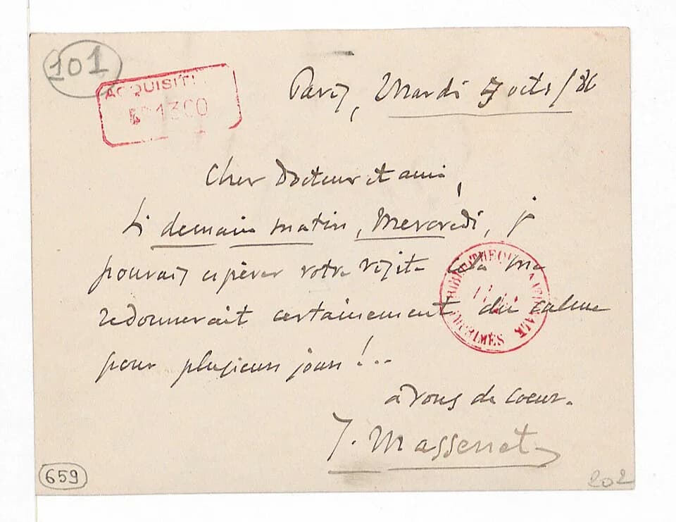 Jules Massenet - (Lettre de Jules Massenet au Docteur Joseph Michel, 7 Octobre 1886) (manuscrit autographe) - btv1b53021477q (1 of 2).jpg