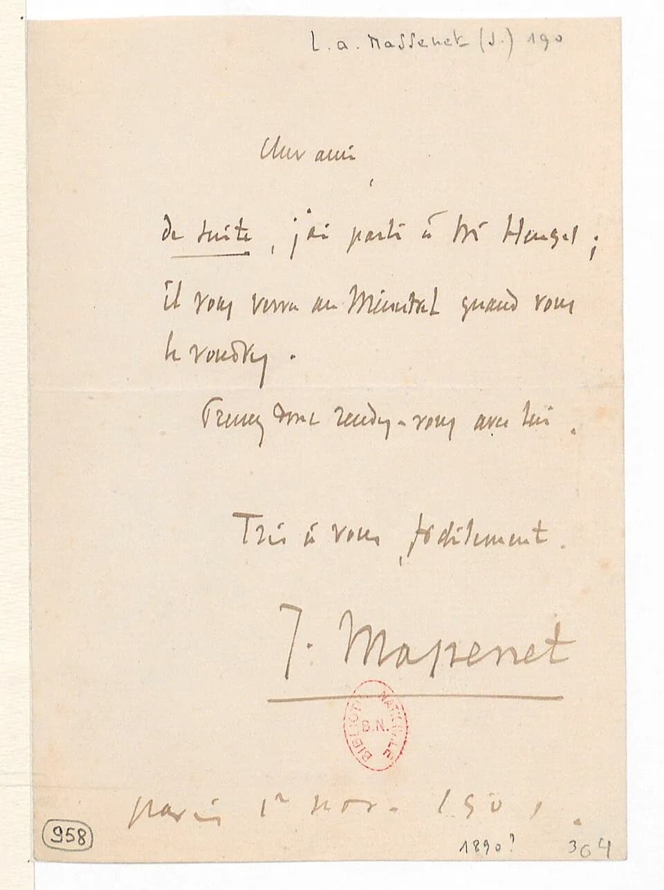 Jules Massenet - (Lettre de Jules Massenet à Florent Schmitt, Paris, 1er novembre 1890 ou 1901) (manuscrit autographe) - btv1b53021768w (1 of 2).jpg